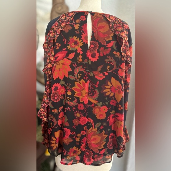 Loft Long Sleeve Ruffled Blouse Top Orange, Red & Black Floral Design Size L - Picture 2 of 3
